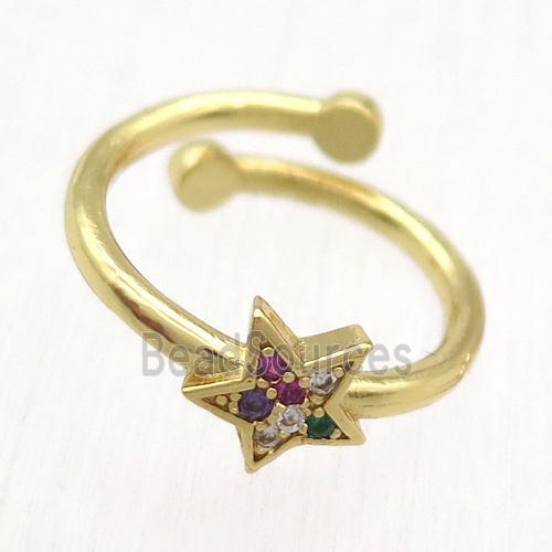 copper Ring paved zircon, resizable, star, gold plated