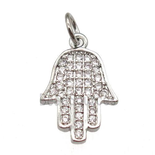 copper hamsahand pendant paved zircon, platinum plated