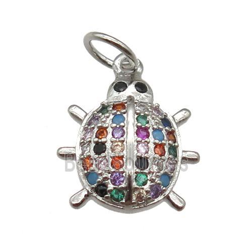 copper Ladybug pendant paved zircon, platinum plated