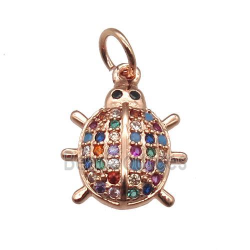 copper Ladybug pendant paved zircon, rose gold