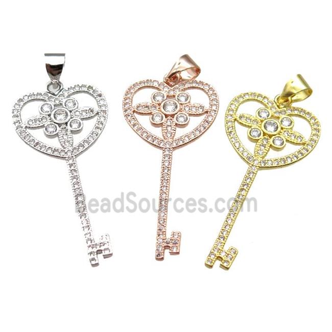 copper Key charm pendant pave zircon, mixed color