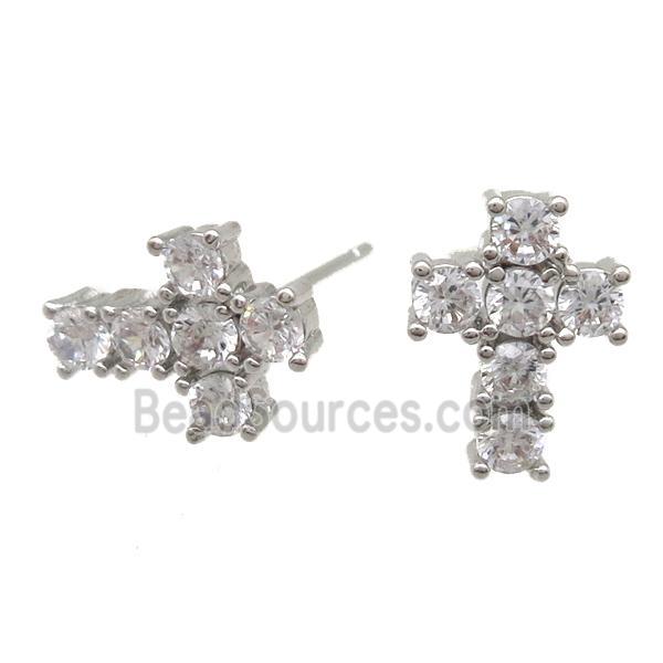 copper studs Earring paved zircon, cross, platinum plated