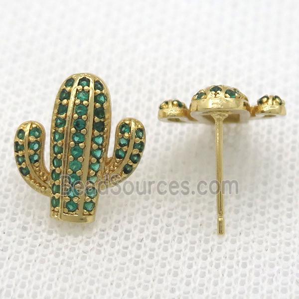 copper studs Earring paved zircon, cactus, gold plated