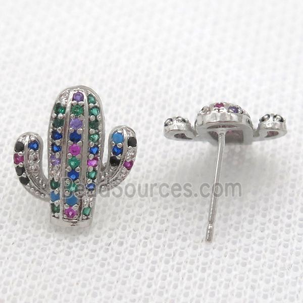 copper studs Earring paved zircon, cactus, platinum plated