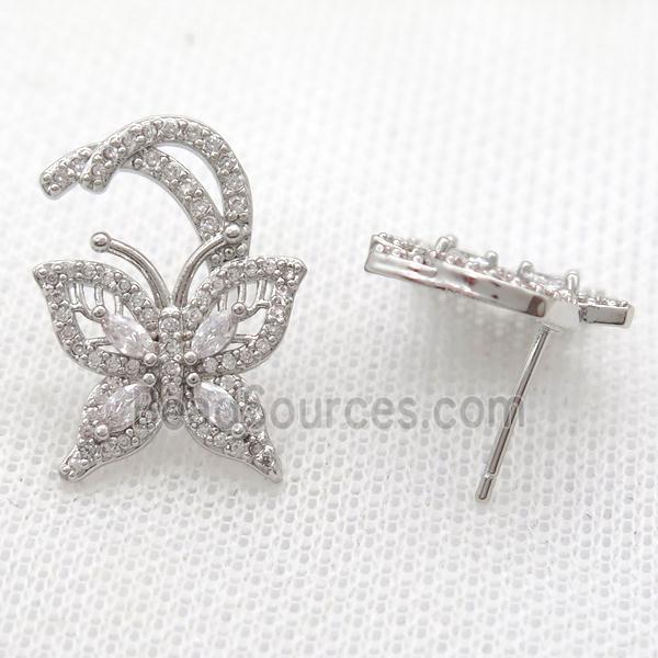 copper studs Earring paved zircon, butterfly, platinum plated