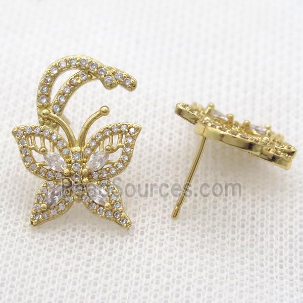 copper studs Earring paved zircon, butterfly, gold plated