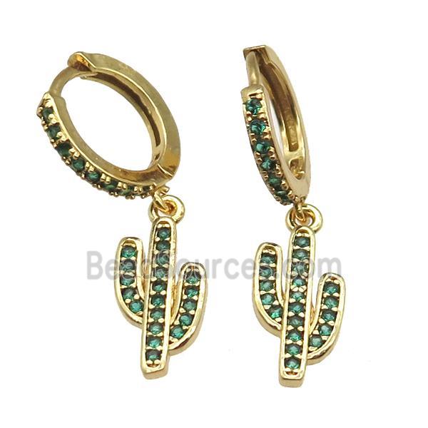 copper huggie hoop Earring paved zircon, cactus, gold plated