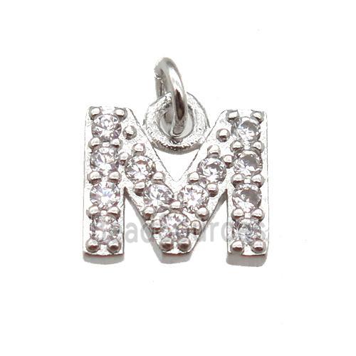 copper letter-M pendant paved zircon, platinum plated