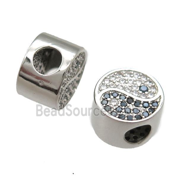 European Style copper taichi beads paved zircon, yinyang, platinum plated