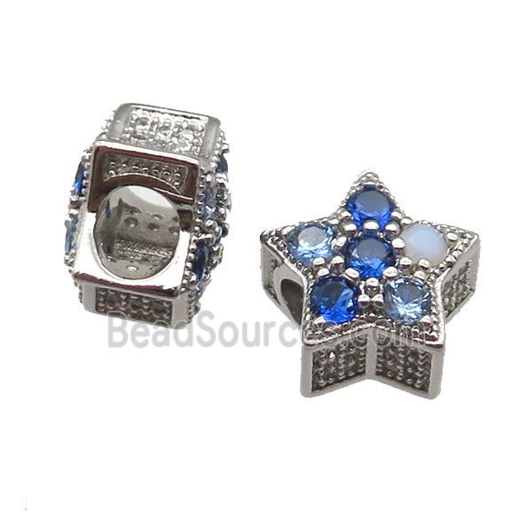 European Style copper star beads pave zircon, platinum plated