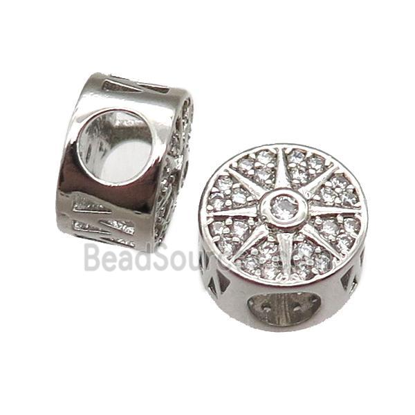 European Style copper rondelle beads paved zircon, large hole, platinum plated