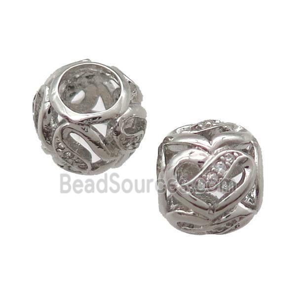 European Style copper round beads paved zircon, platinum plated