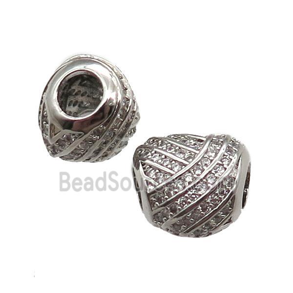 European Style copper heart beads paved zircon, platinum plated