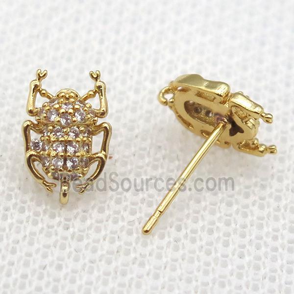 copper Studs Earring paved zircon with beetle, gold plated