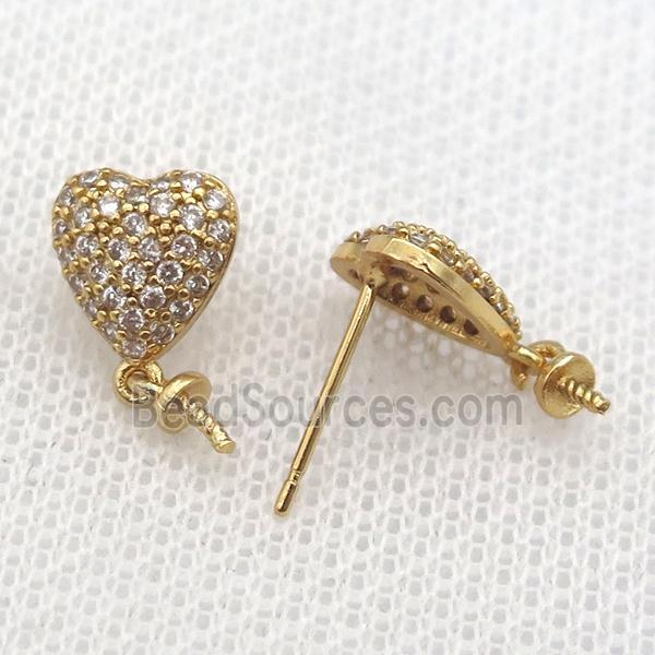 copper Studs Earring paved zircon, heart, gold plated