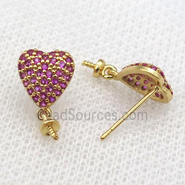 copper Studs Earring paved zircon, heart, gold plated