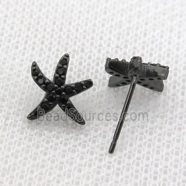 copper Studs Earring paved zircon, starfish, black plated