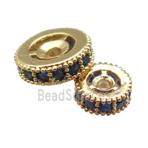 copper spacer beads paved blue zircon, heishi, gold plated