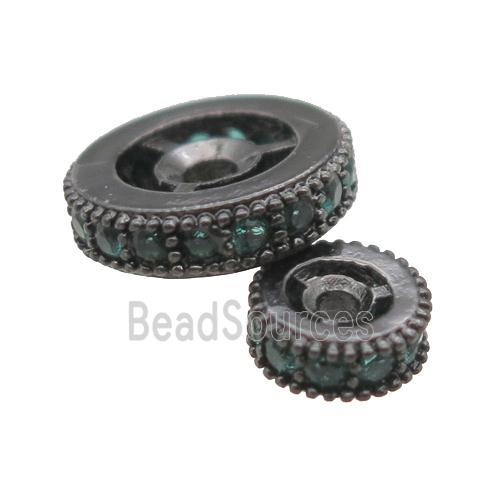 copper spacer beads paved green zircon, heishi, black plated