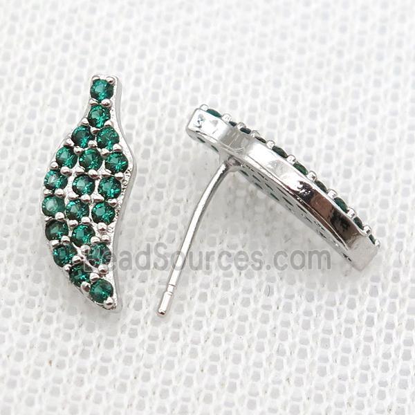 copper studs Earrings paved green zircon, platinum plated