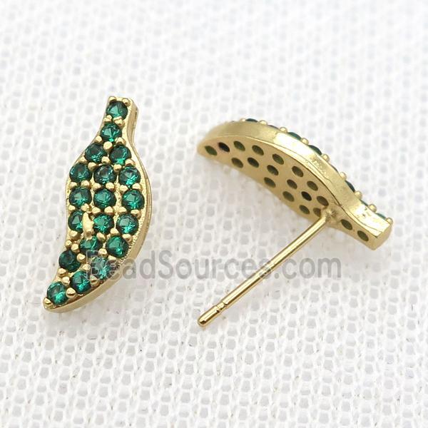 copper studs Earrings paved green zircon, gold plated