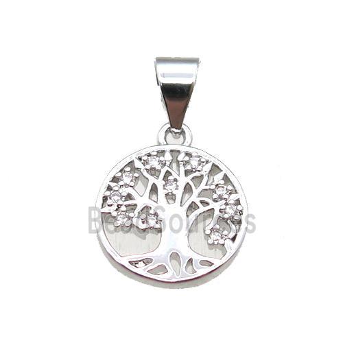 copper pendant paved zircon, tree of life, platinum plated