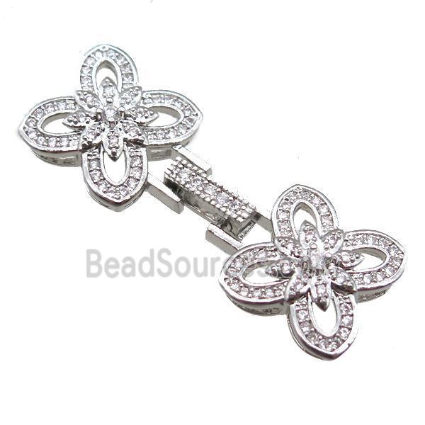 copper connector clasp paved zircon, clover, platinum plated