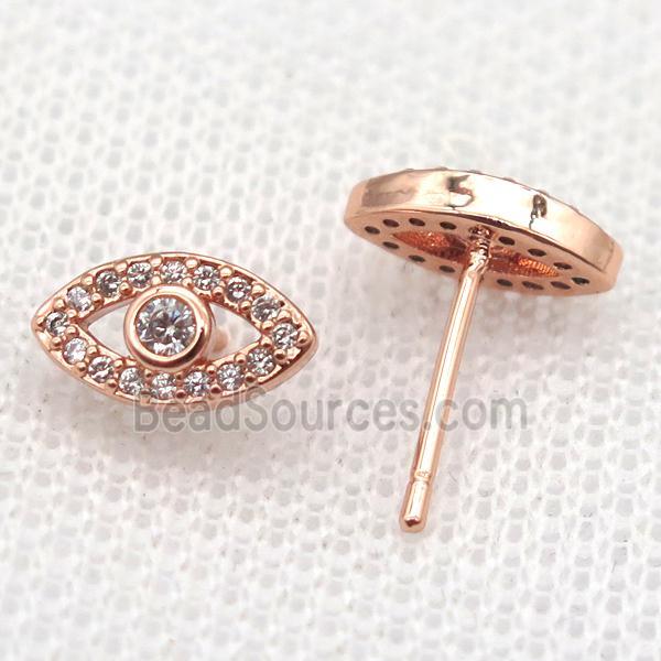 copper Stud Earrings paved zircon, eye, rose gold