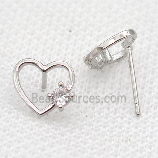 copper Stud Earrings paved zircon, heart, platinum plated