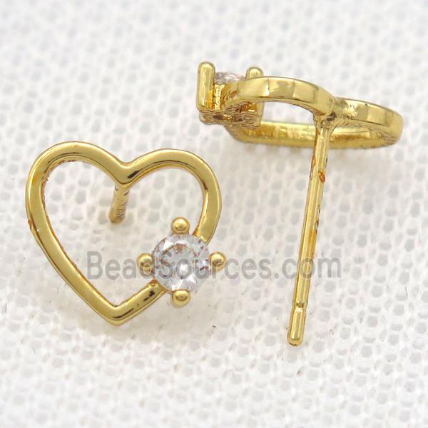 copper Stud Earrings paved zircon, heart, gold plated