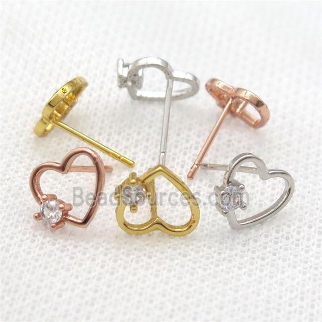 copper Stud Earrings paved zircon, heart, mixed color