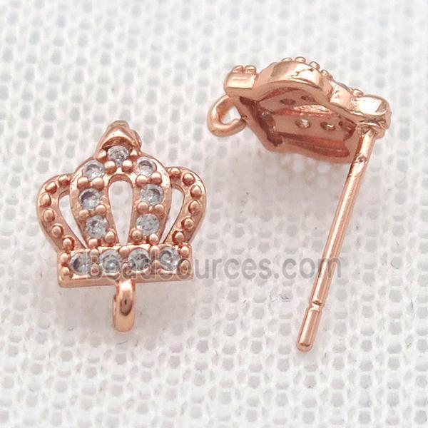 copper Stud Earrings paved zircon, crown, rose gold