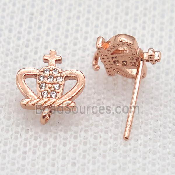 copper Stud Earrings paved zircon, crown, rose gold