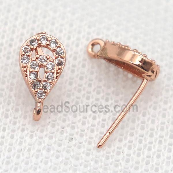 copper Stud Earrings paved zircon, teardrop, rose gold