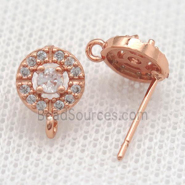 copper Stud Earrings paved zircon, circle, rose gold