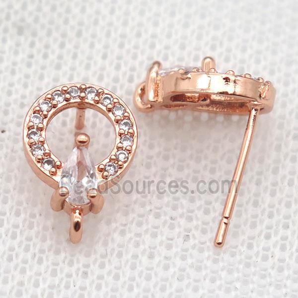 copper Stud Earrings paved zircon, circle, rose gold