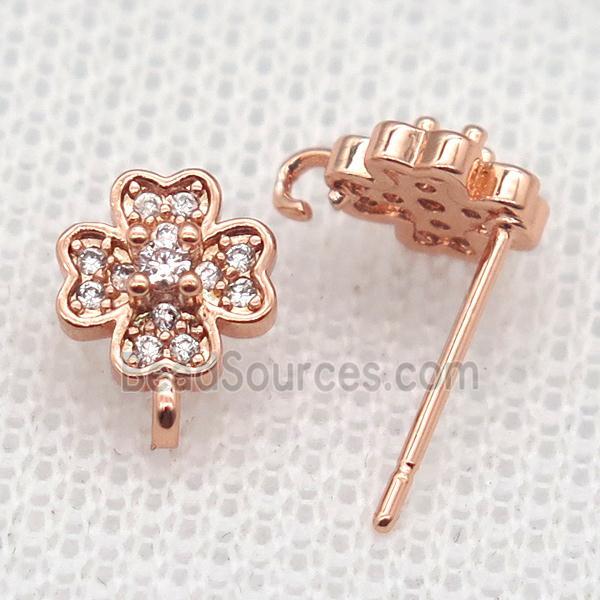 copper Stud Earrings paved zircon, clover, rose gold