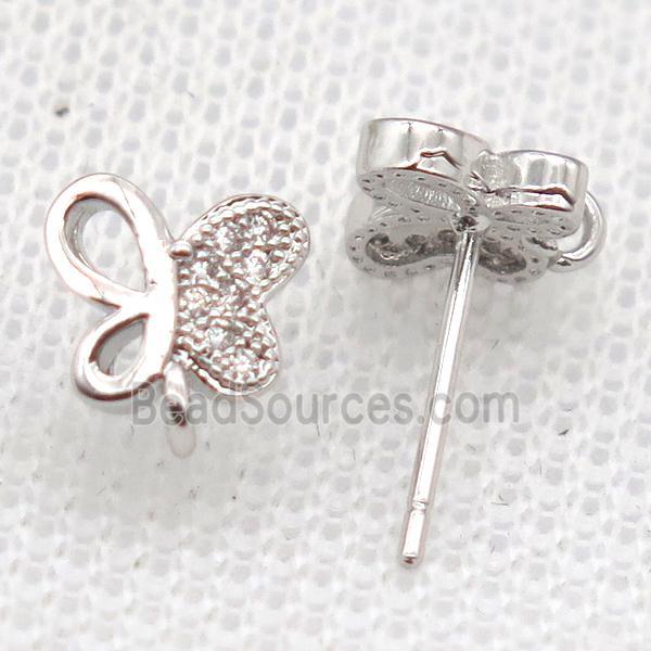 copper Stud Earrings paved zircon, butterfly, platinum plated