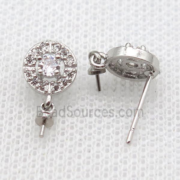 copper Stud Earrings paved zircon, circle, platinum plated