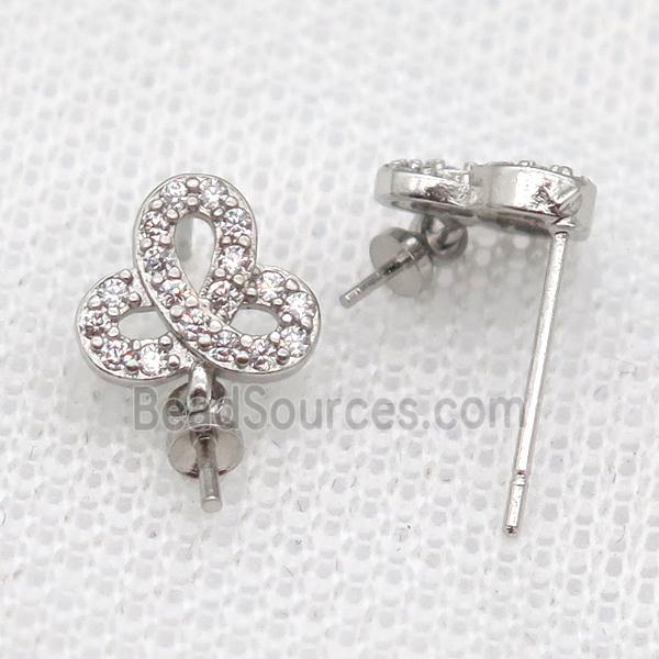 copper Stud Earrings paved zircon, clover, platinum plated