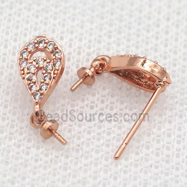 copper Stud Earrings paved zircon, teardrop, rose gold