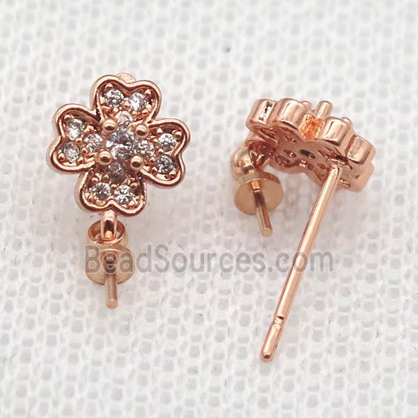 copper Stud Earrings paved zircon, clover, rose gold