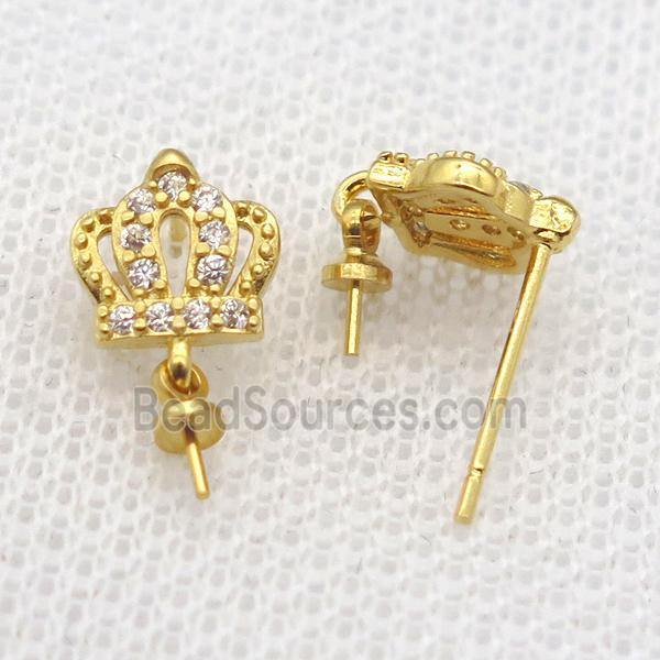 copper Stud Earrings paved zircon, crown, gold plated