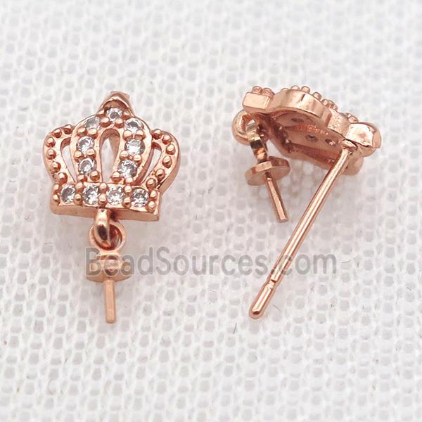 copper Stud Earrings paved zircon, crown, rose gold