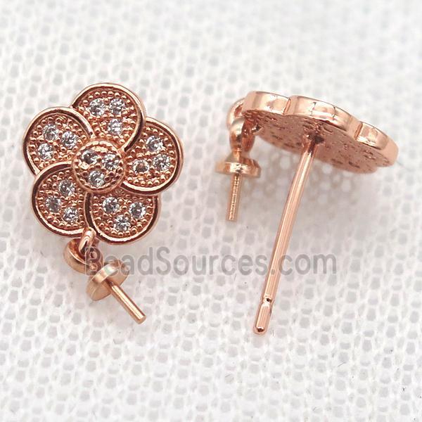 copper Stud Earrings paved zircon, flower, rose gold