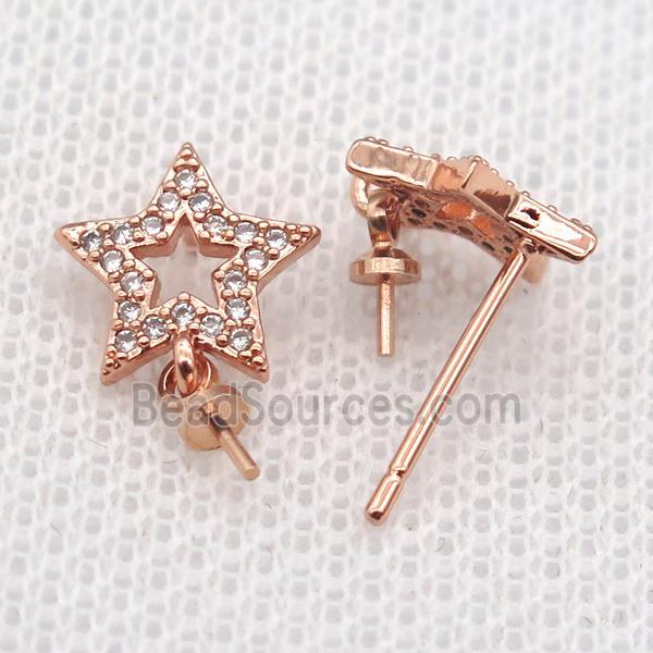 copper Stud Earrings paved zircon, star, rose gold