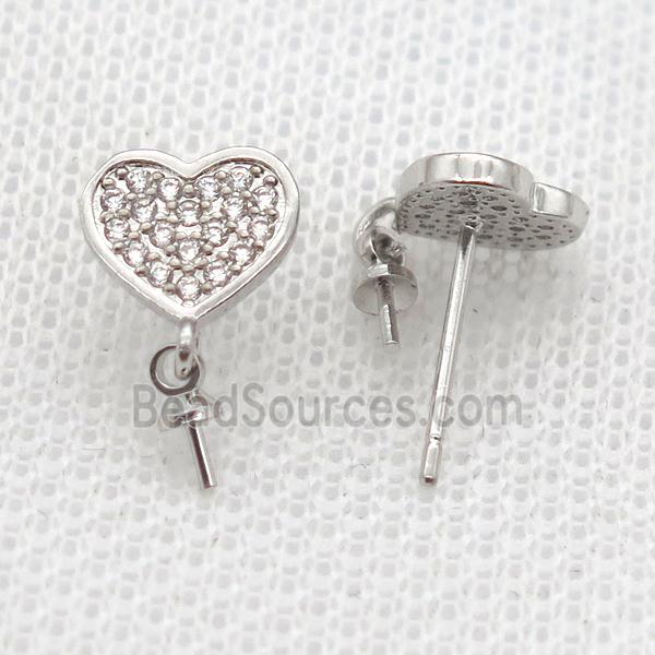 copper Stud Earrings paved zircon, heart, platinum plated