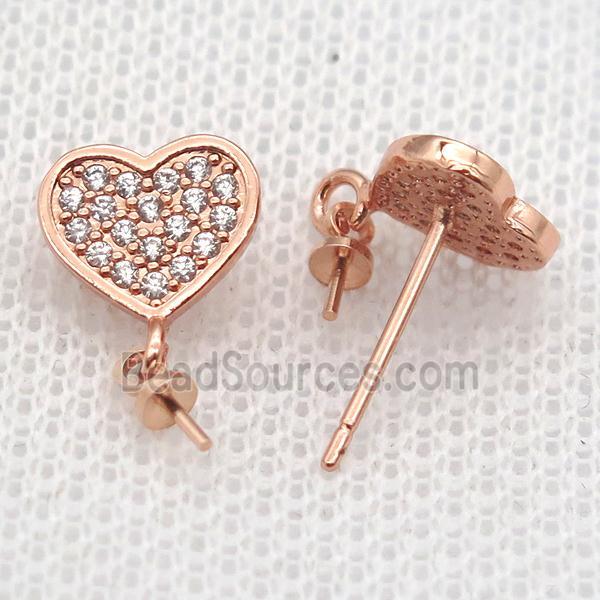 copper Stud Earrings paved zircon, heart, rose gold