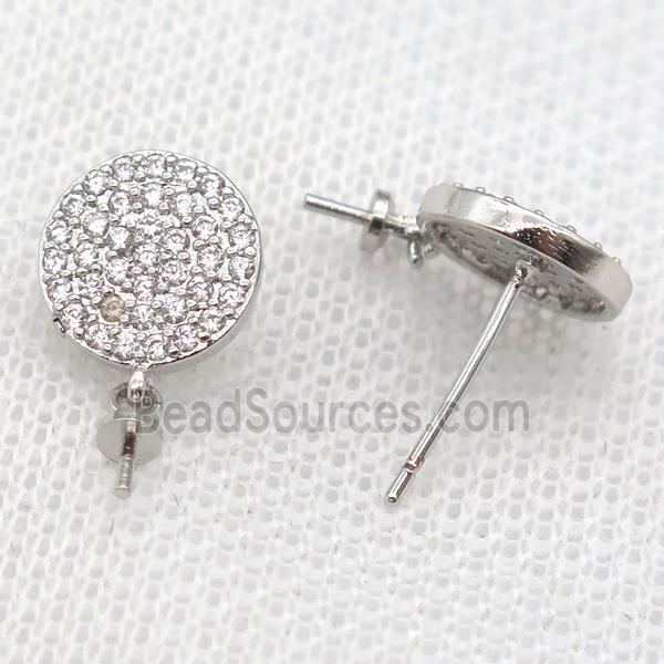 copper Stud Earrings paved zircon, circle, platinum plated