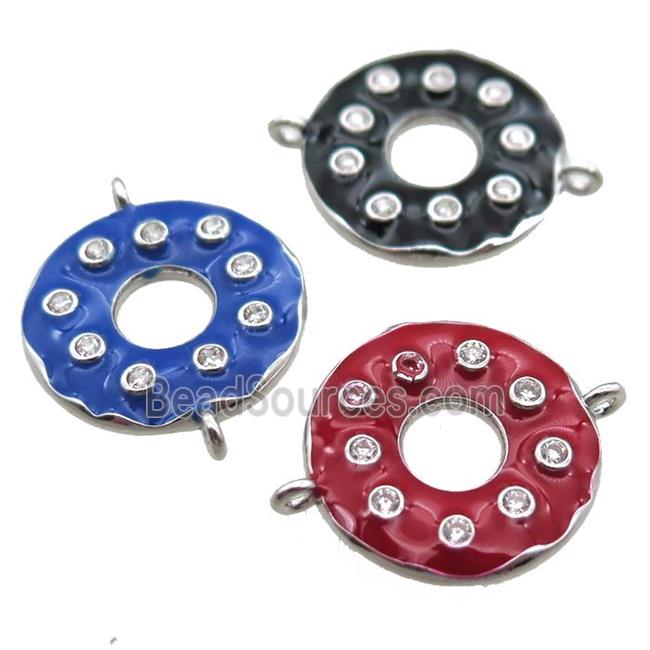 mixed color enameling copper donut connector paved zircon, platinum plated